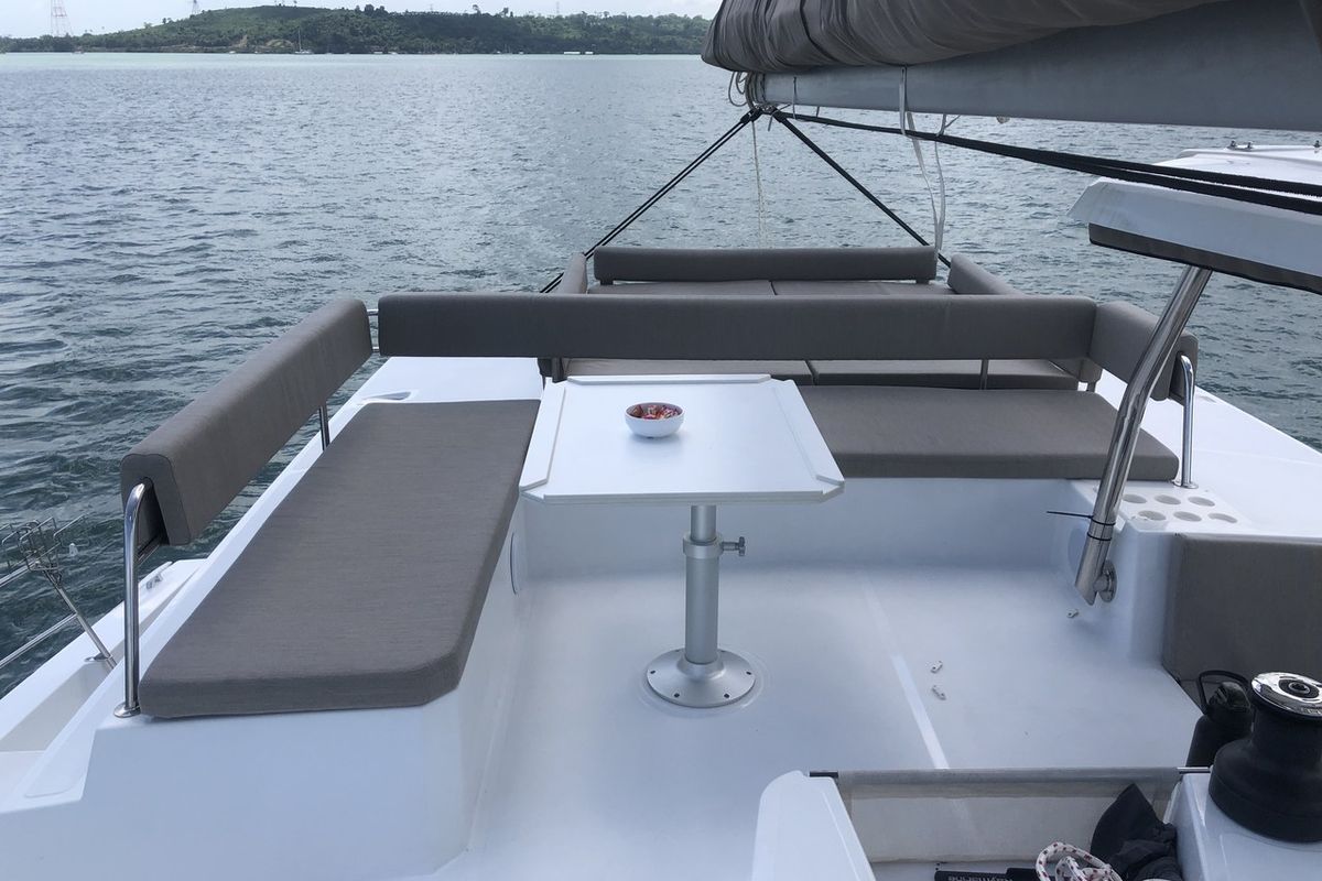 Deck of Belle Isle, a Bali 4.4 catamaran at Mai Khao, Thailand