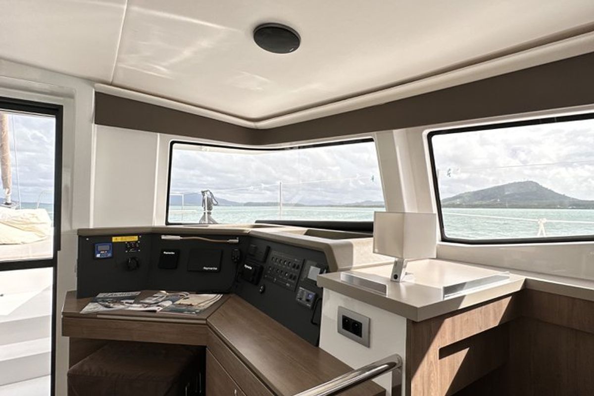 Cockpit of Belle Isle, a Bali 4.4 catamaran at Mai Khao, Thailand