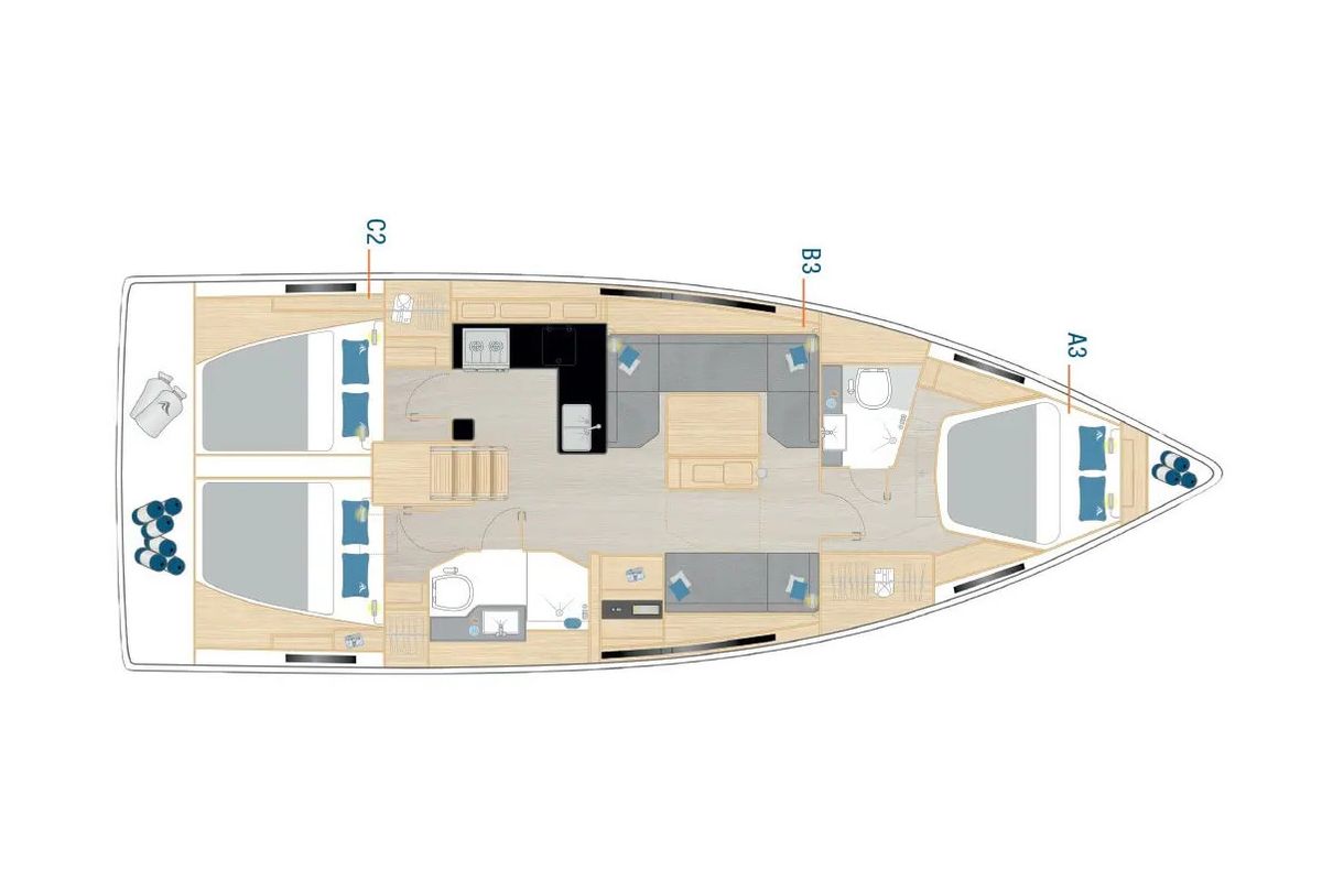 Floor plan of Al Dente, a Hanse Yachts Hanse 410 sailboat at Municipal Unit of Lefkada, Greece