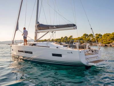 Exterior view of Al Dente, a Hanse Yachts Hanse 410 sailboat at Municipal Unit of Lefkada, Greece