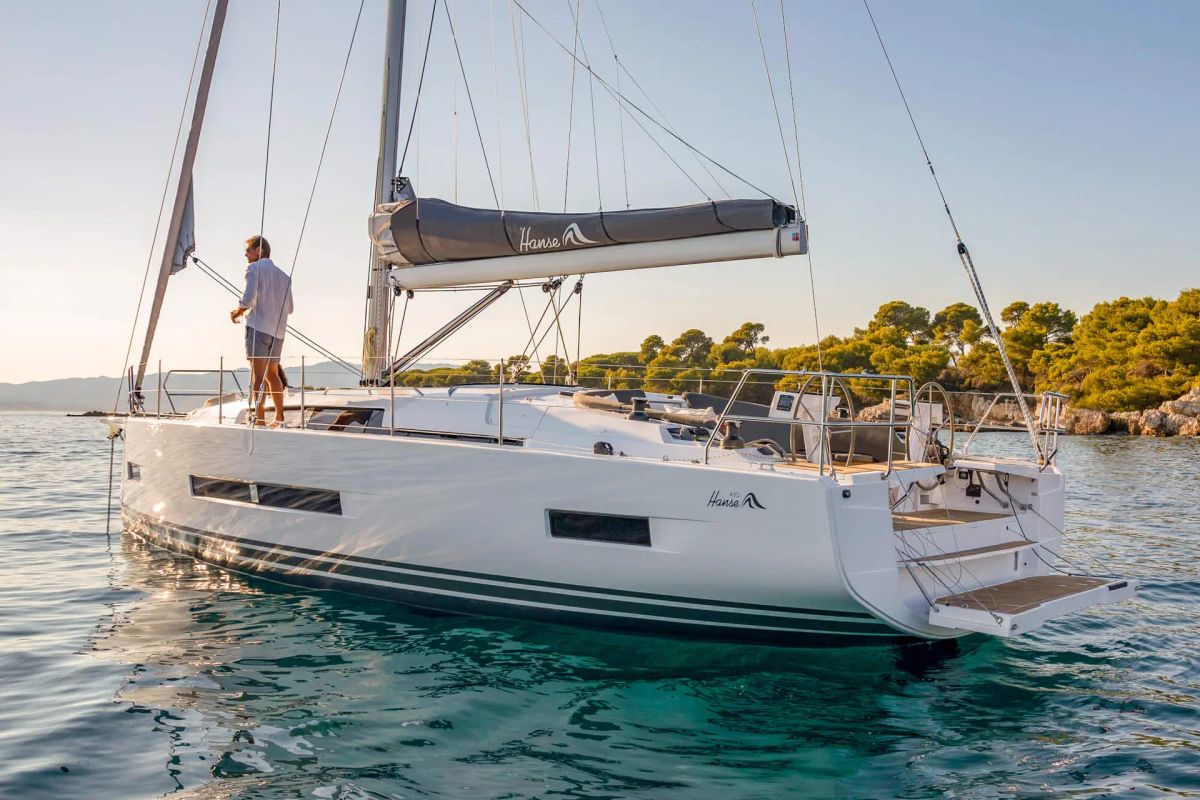 Exterior view of Al Dente, a Hanse Yachts Hanse 410 sailboat at Municipal Unit of Lefkada, Greece