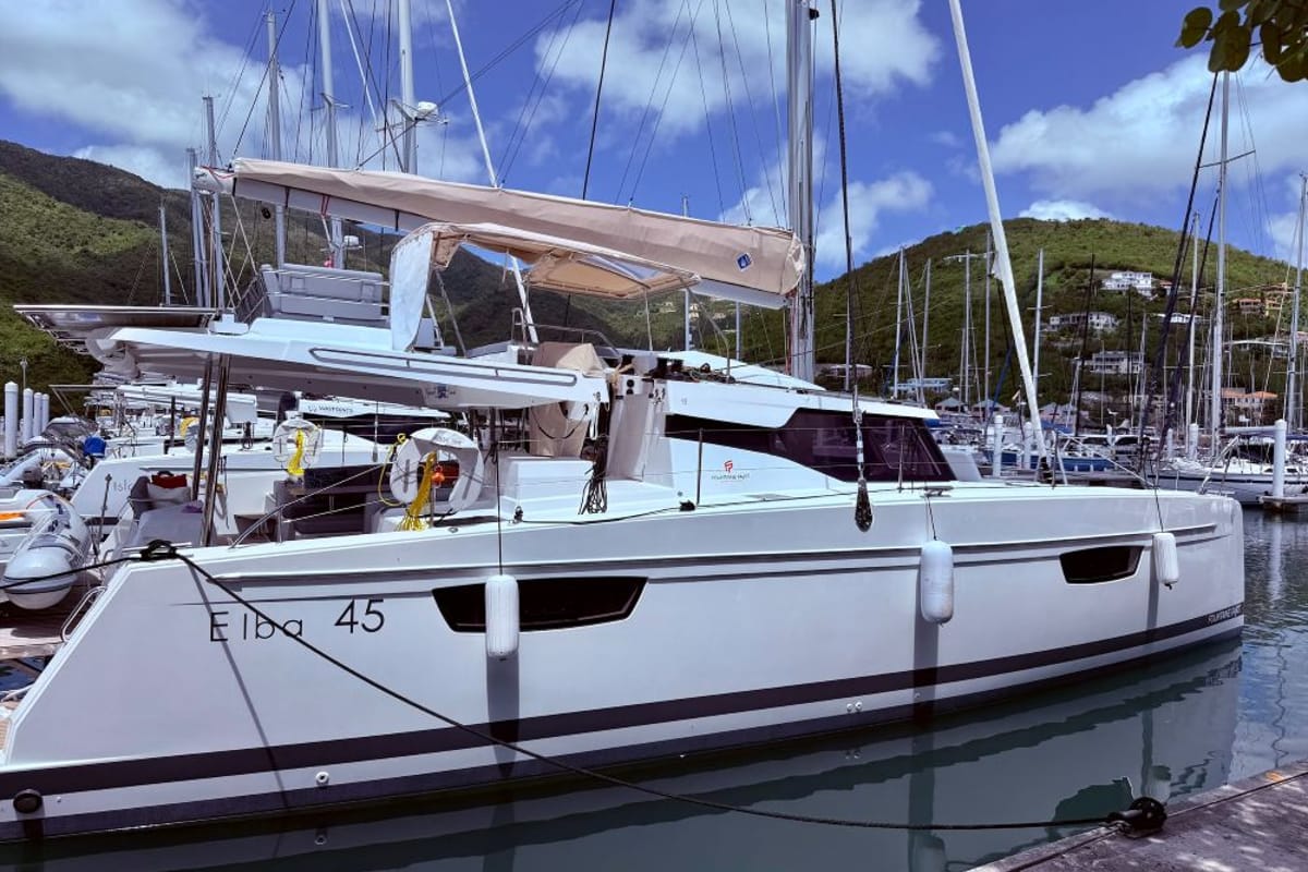 Exterior view of Aboat Time, a Fountaine Pajot Elba 45 catamaran at Road Town, British Virgin Islands