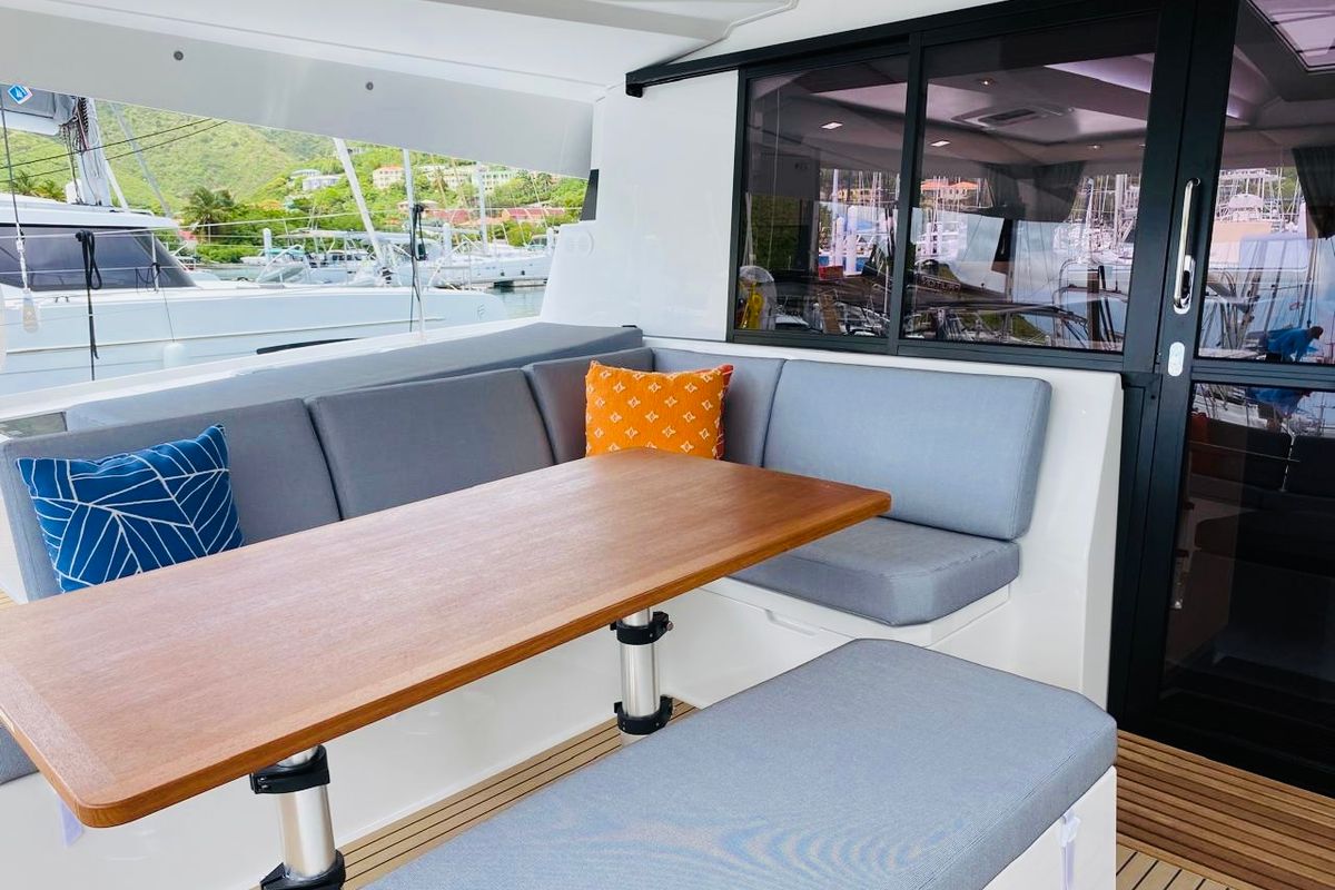 Deck of Aboat Time, a Fountaine Pajot Elba 45 catamaran at Road Town, British Virgin Islands