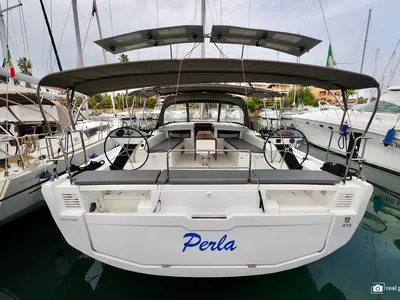 Cockpit of Perla, a Dufour 470 sailboat at Tonnarella, Italy