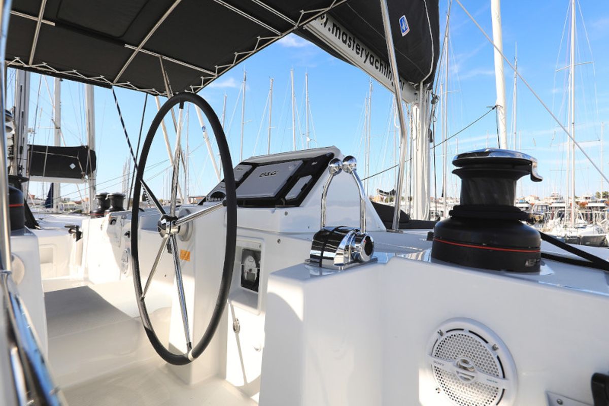 Cockpit of OLIVER, a Lagoon 450 catamaran at Općina Sukošan, Croatia