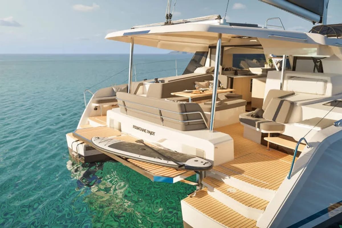 Exterior view of Montague, a Fountaine Pajot FP 41 catamaran at Municipal Unit of Lefkada, Greece