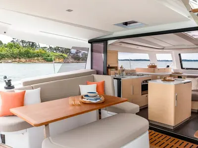 Salon of Montague, a Fountaine Pajot FP 41 catamaran at Municipal Unit of Lefkada, Greece
