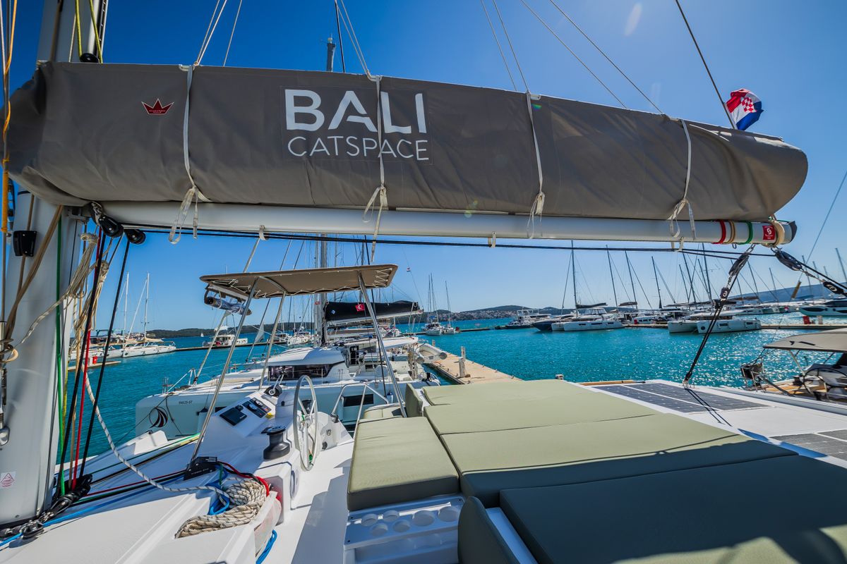 Cockpit of Eternity Now, a Bali Catspace catamaran at Seget Donji, Croatia