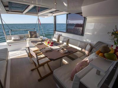 Salon of Marila, a Bali Catspace catamaran at Olbia, Italy