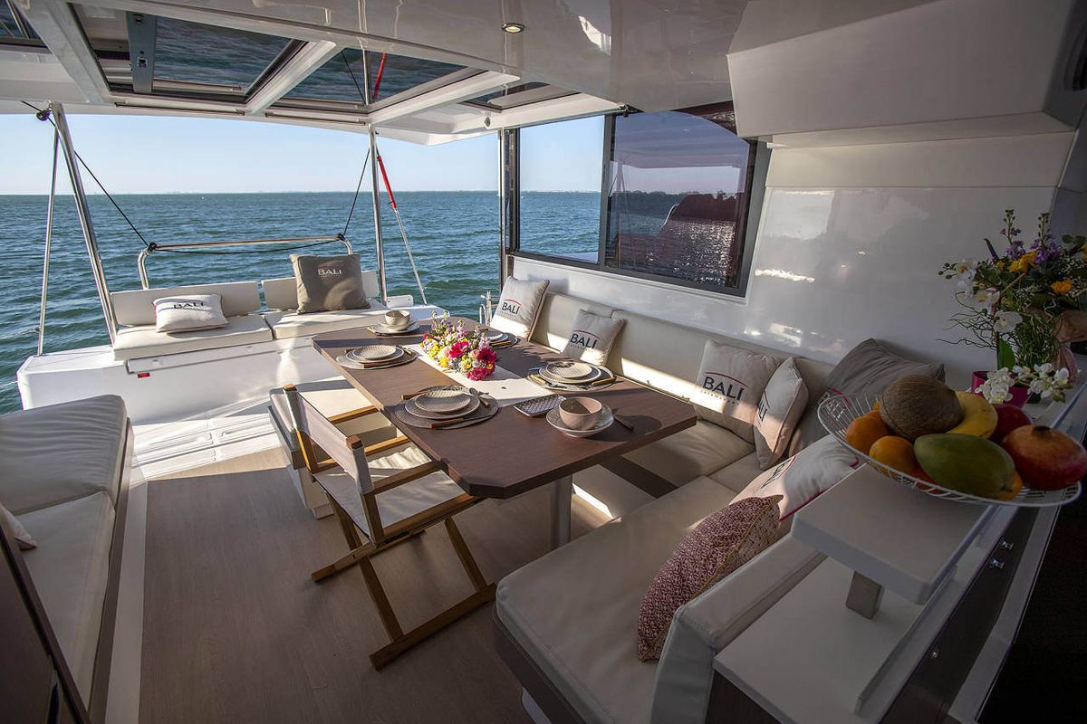 Salon of Marila, a Bali Catspace catamaran at Olbia, Italy