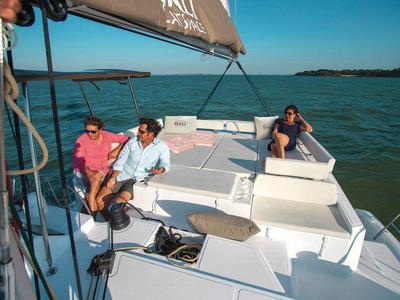 Deck of Marila, a Bali Catspace catamaran at Olbia, Italy