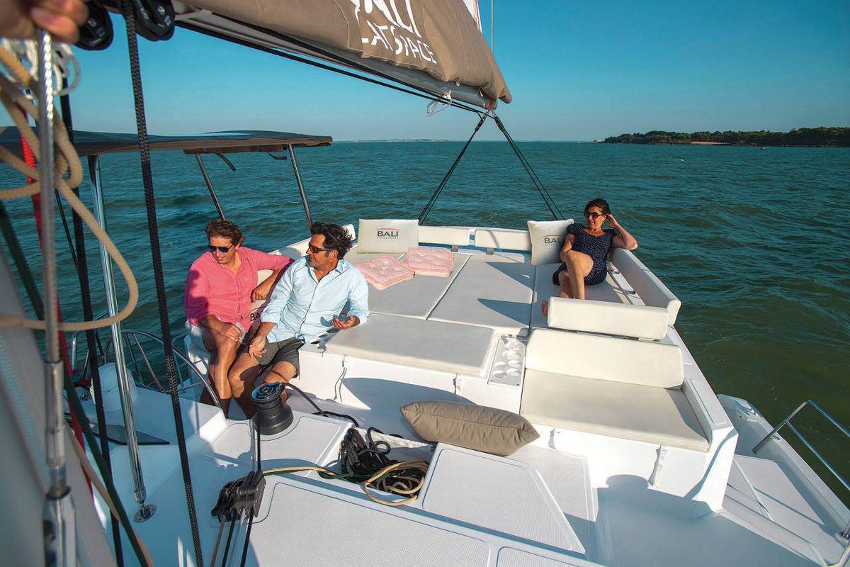 Deck of Marila, a Bali Catspace catamaran at Olbia, Italy