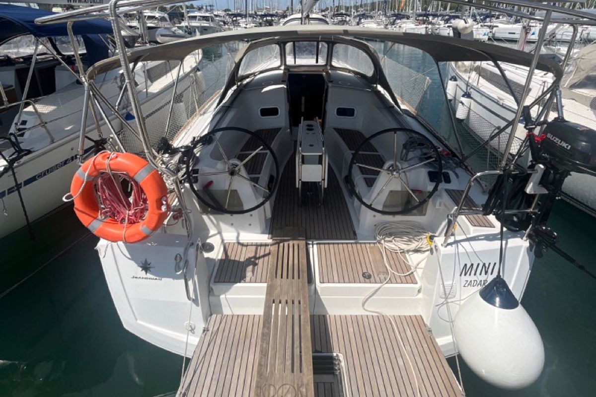 Exterior view of MINI, a Jeanneau Sun Odyssey 349 sailboat at Općina Sukošan, Croatia