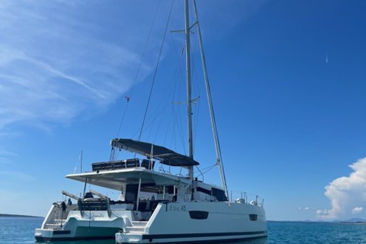 Exterior view of Dreamcatcher, a Fountaine Pajot Elba 45 catamaran at Seget Donji, Croatia