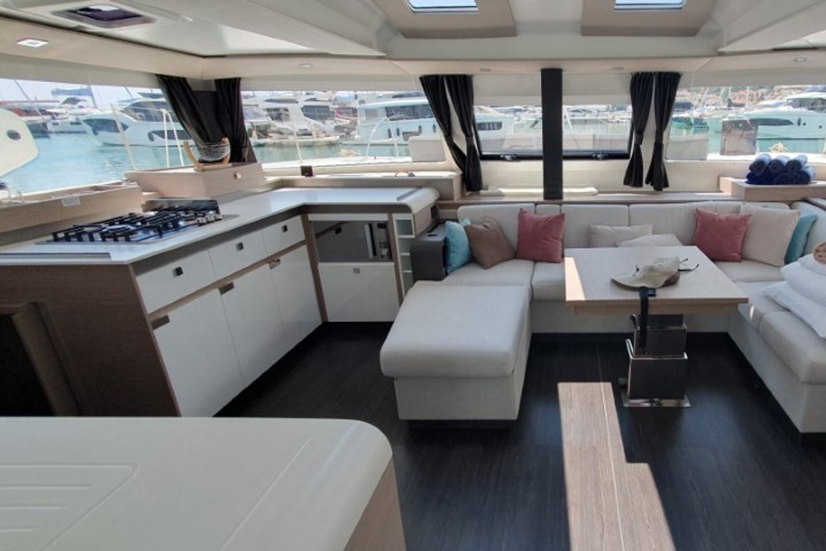 Salon of Dreamcatcher, a Fountaine Pajot Elba 45 catamaran at Seget Donji, Croatia