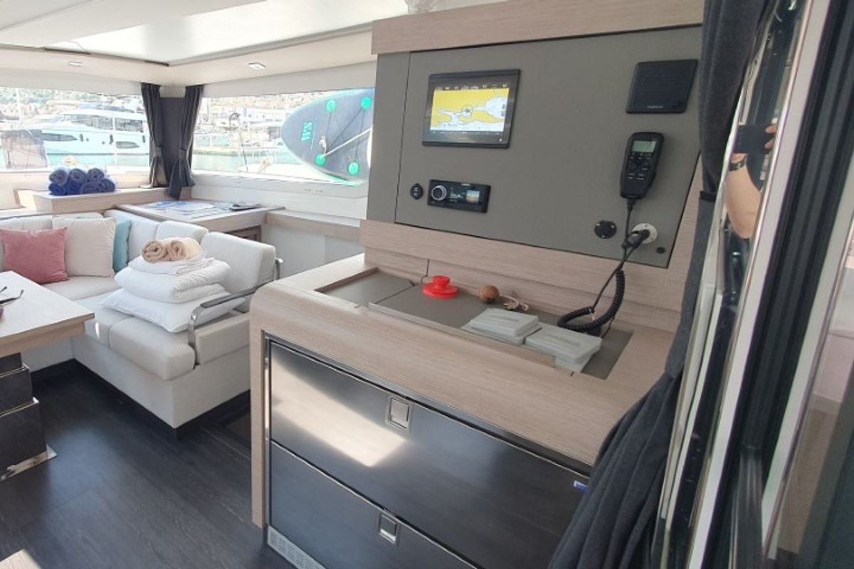 Cockpit of Dreamcatcher, a Fountaine Pajot Elba 45 catamaran at Seget Donji, Croatia