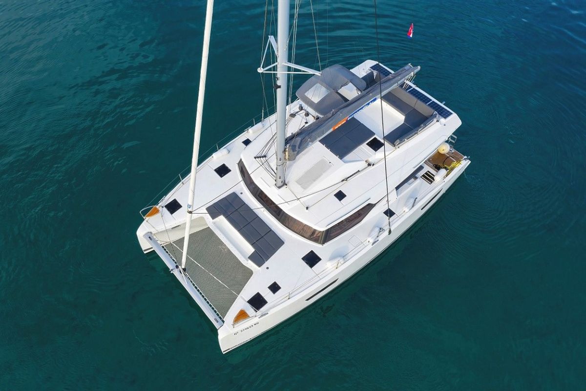 Exterior view of Dreamcatcher, a Fountaine Pajot Elba 45 catamaran at Seget Donji, Croatia