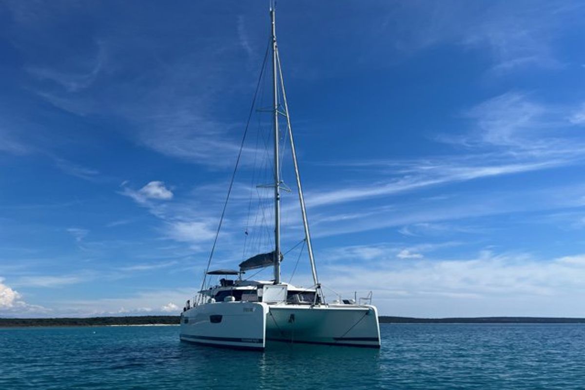 Exterior view of Dreamcatcher, a Fountaine Pajot Elba 45 catamaran at Seget Donji, Croatia