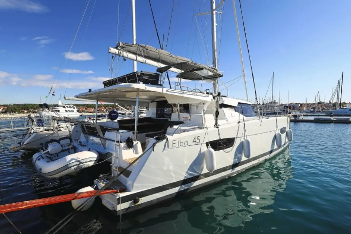 Exterior view of Dreamcatcher, a Fountaine Pajot Elba 45 catamaran at Seget Donji, Croatia