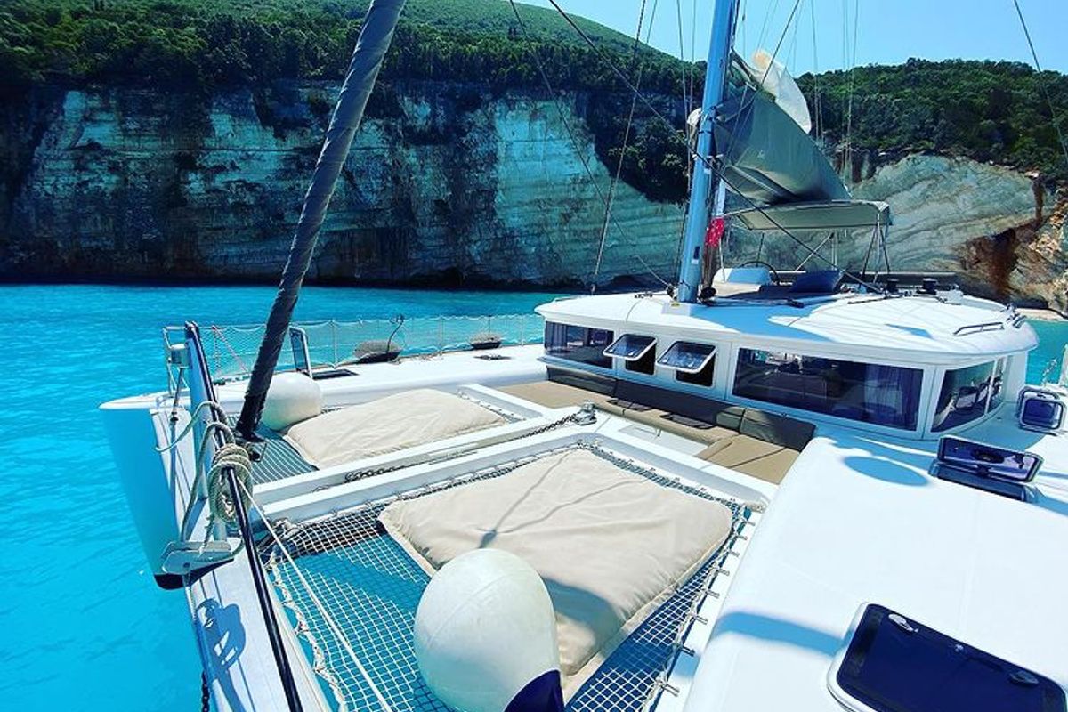 Deck of Aeropi, a Lagoon 450 Fly catamaran at Municipal Unit of Lefkada, Greece