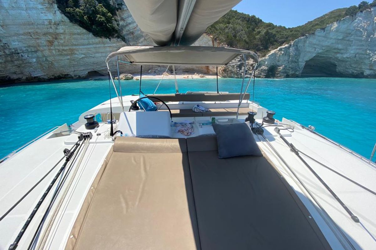 Deck of Aeropi, a Lagoon 450 Fly catamaran at Municipal Unit of Lefkada, Greece
