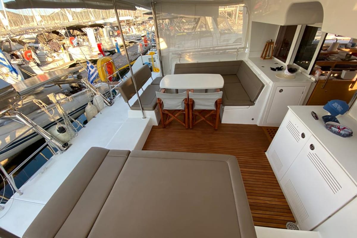 Deck of Aeropi, a Lagoon 450 Fly catamaran at Municipal Unit of Lefkada, Greece