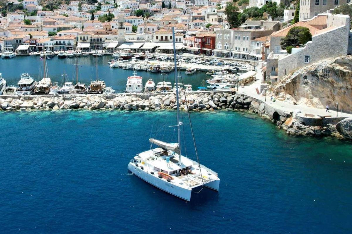 Exterior view of Aeropi, a Lagoon 450 Fly catamaran at Municipal Unit of Lefkada, Greece