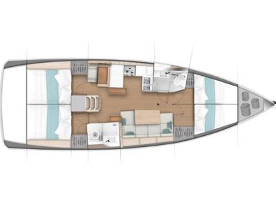 Floor plan of Blue Aura, a Jeanneau Sun Odyssey 440 sailboat at Municipal Unit of Nea Peramos, Greece