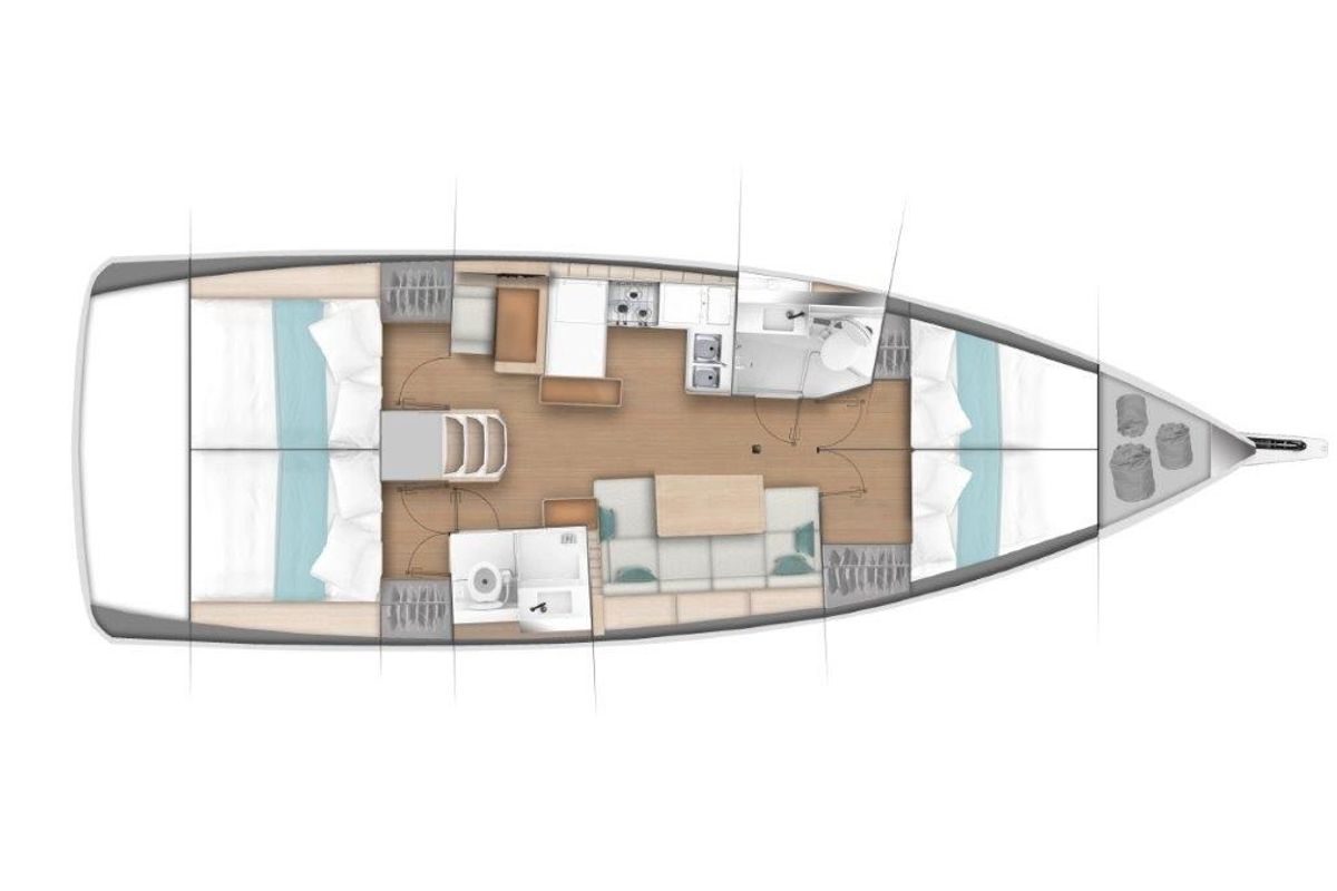 Floor plan of Blue Aura, a Jeanneau Sun Odyssey 440 sailboat at Municipal Unit of Nea Peramos, Greece