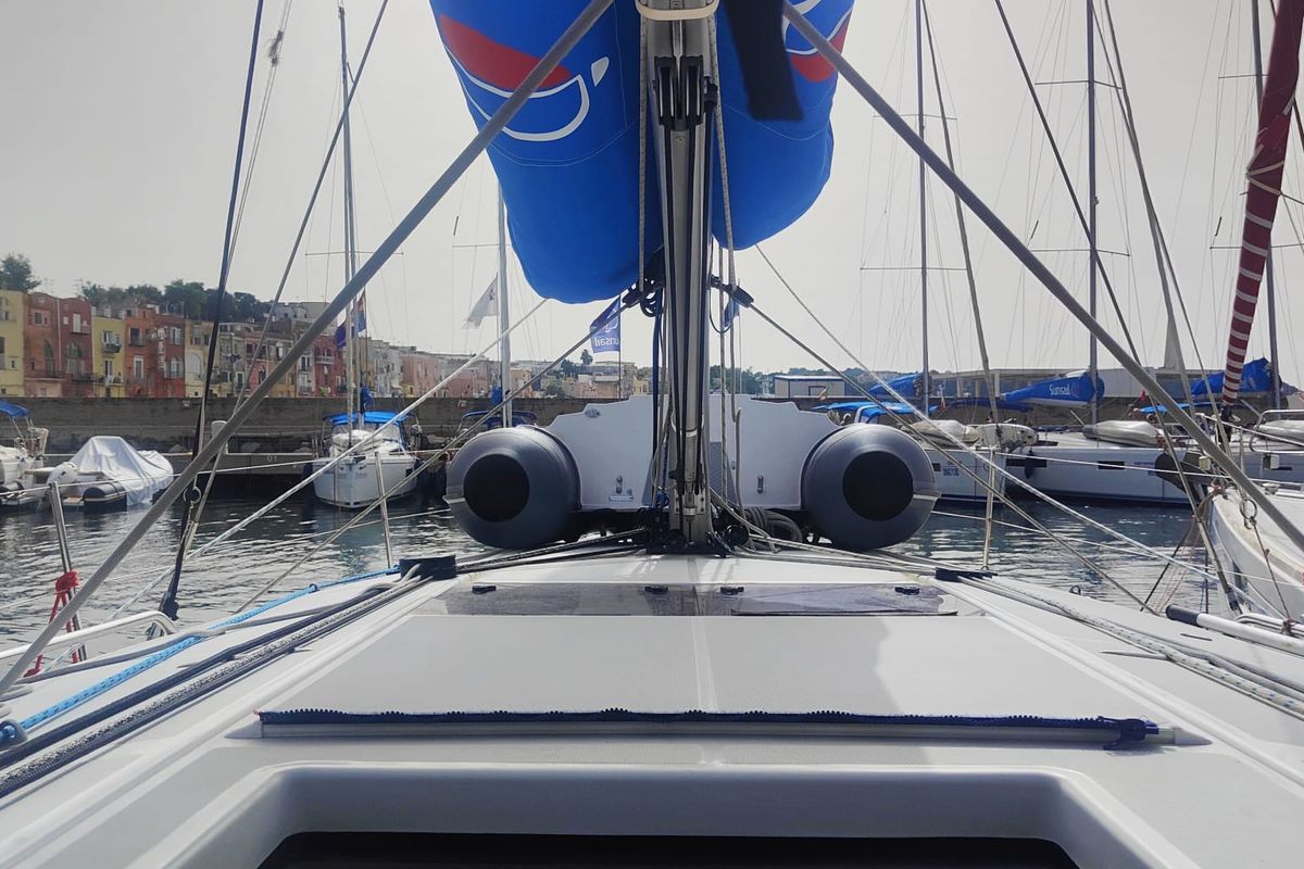 Deck of Nennella, a Jeanneau Sun Odyssey 440 sailboat at Tonnarella, Italy