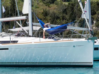Exterior view of Geneva, a Jeanneau Sun Odyssey 389 sailboat at Gouvia, Greece