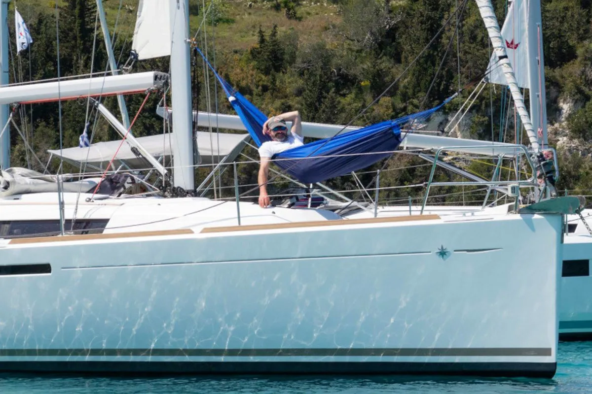 Exterior view of Geneva, a Jeanneau Sun Odyssey 389 sailboat at Gouvia, Greece