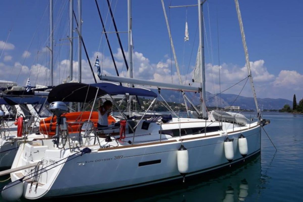 Exterior view of Geneva, a Jeanneau Sun Odyssey 389 sailboat at Gouvia, Greece