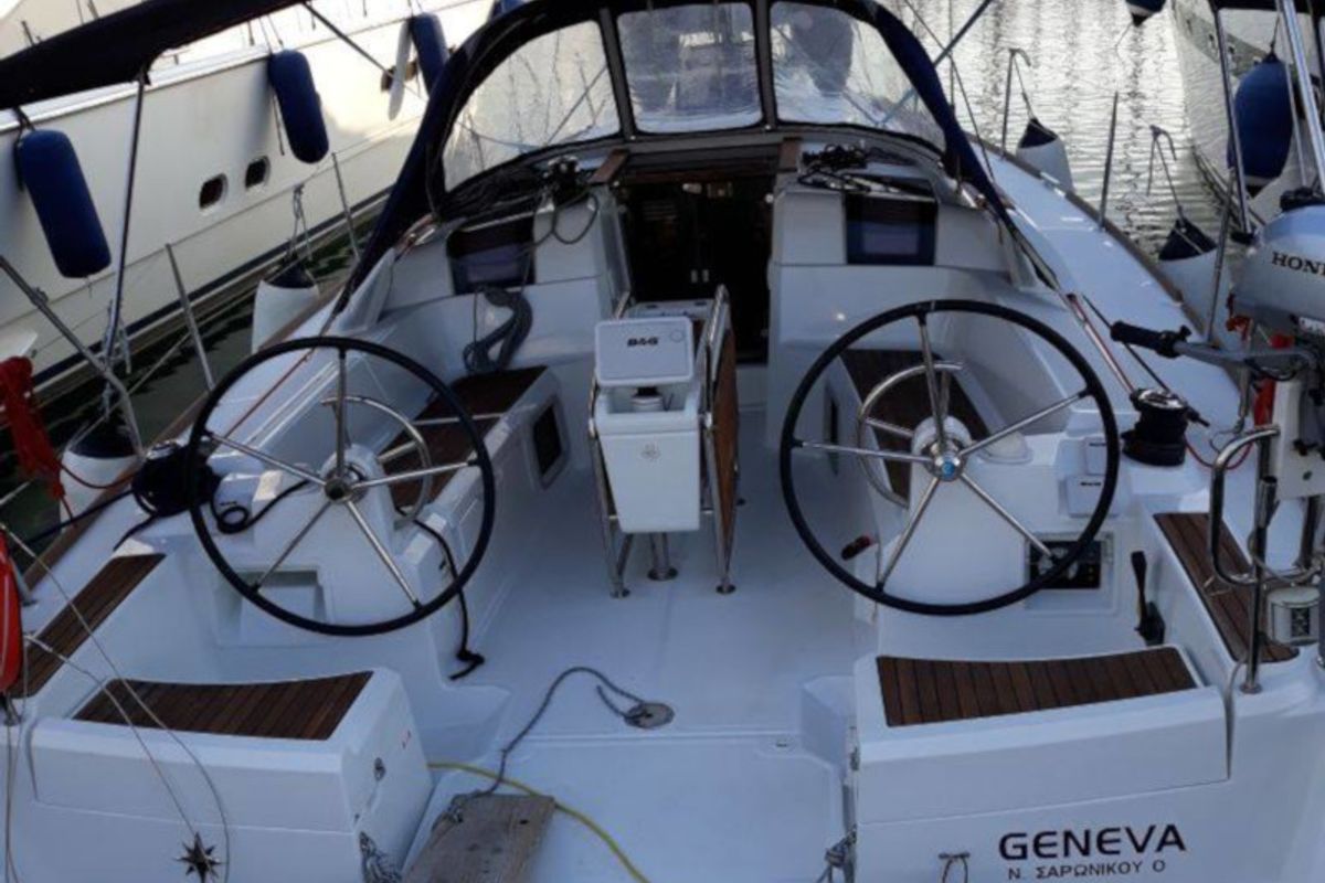 Cockpit of Geneva, a Jeanneau Sun Odyssey 389 sailboat at Gouvia, Greece