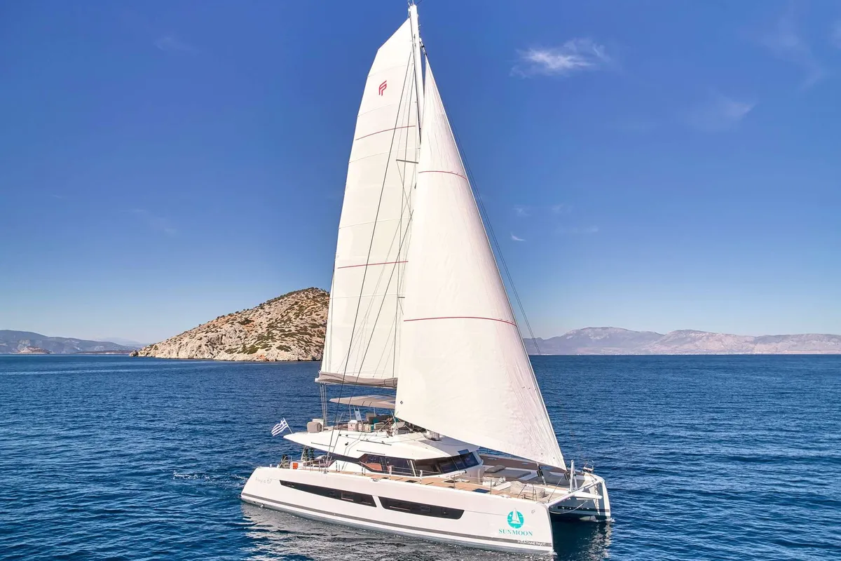 Sunmoon, a Fountaine Pajot Alegria 67 catamaran at Municipal Unit of Nea Peramos, Greece