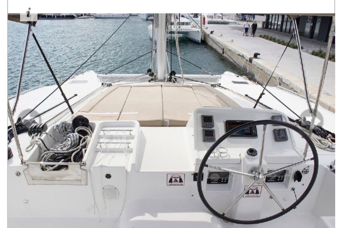 Cockpit of Sunshine I, a Lagoon 450 F catamaran at Dubrovnik, Croatia