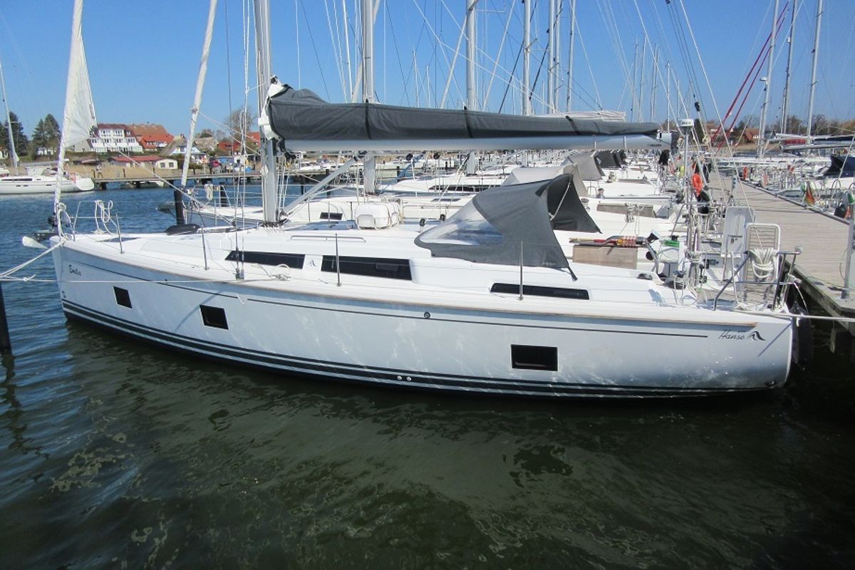 Exterior view of Nine, a Hanse Yachts Hanse 418 sailboat at Fisksätra, Sweden