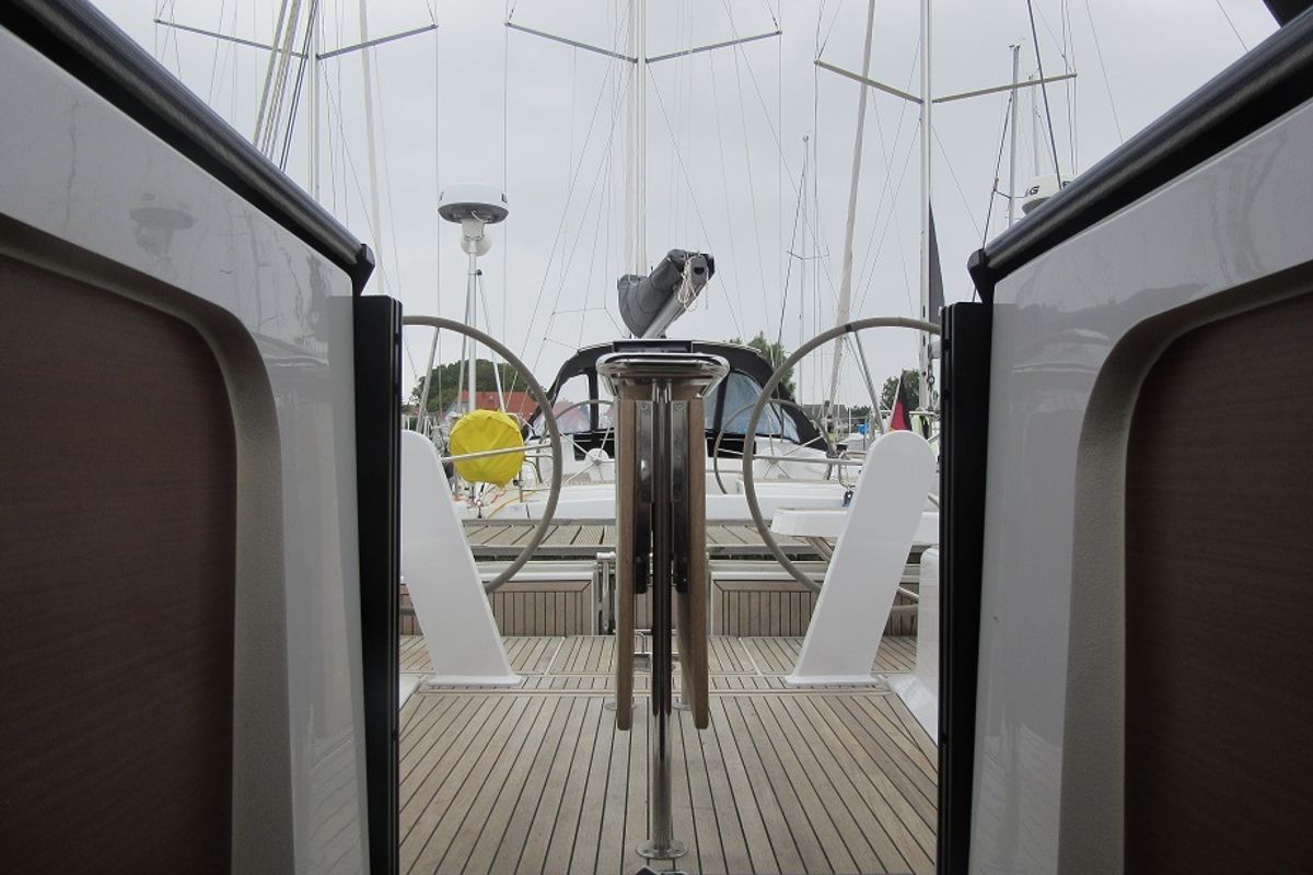 Cockpit of Nine, a Hanse Yachts Hanse 418 sailboat at Fisksätra, Sweden