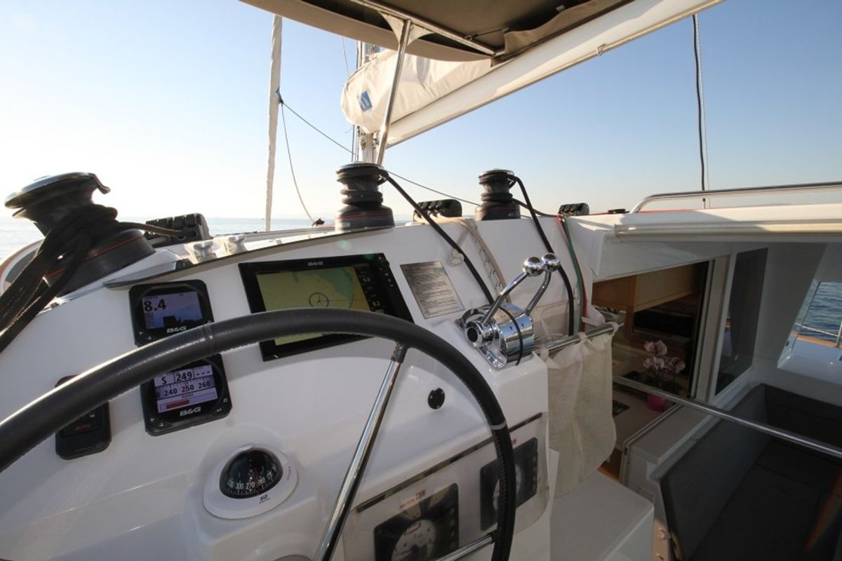 Cockpit of Sailing Blue 4, a Lagoon 400 S2 catamaran at Athens, Greece
