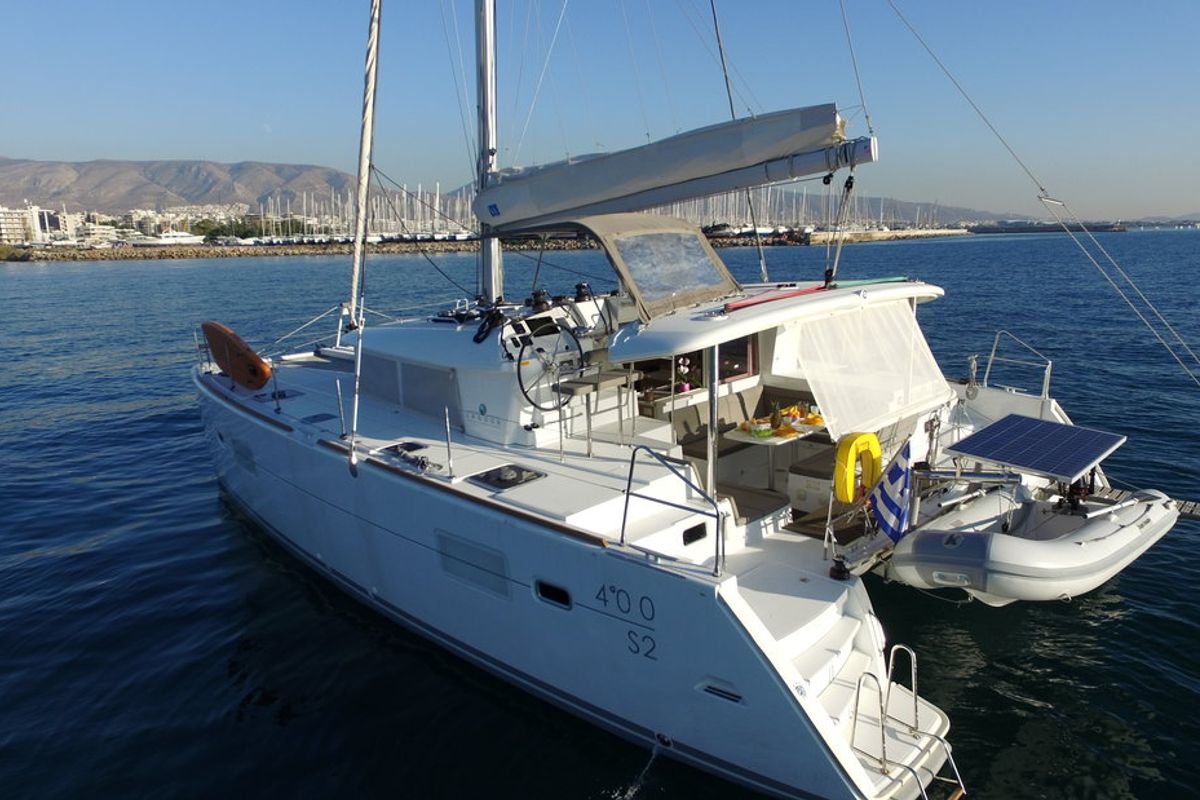 Exterior view of Sailing Blue 4, a Lagoon 400 S2 catamaran at Athens, Greece