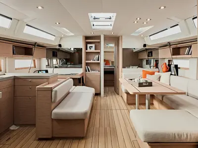 Salon of ORION, a Beneteau Oceanis 51.1 sailboat at Lavreotiki Municipal Unit, Greece