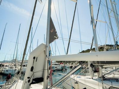 Deck of Domi, a Dufour 412 Grand large sailboat at Olbia, Italy