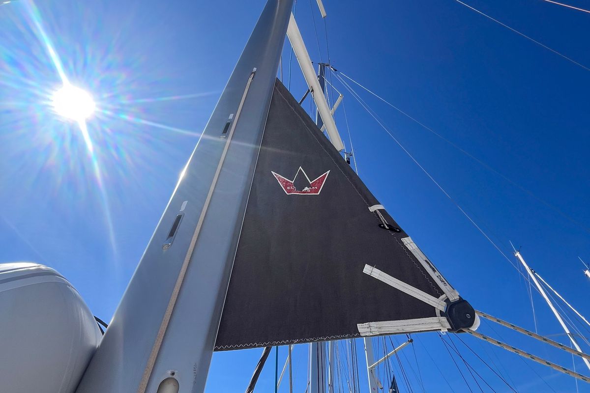 Deck of Domi, a Dufour 412 Grand large sailboat at Olbia, Italy