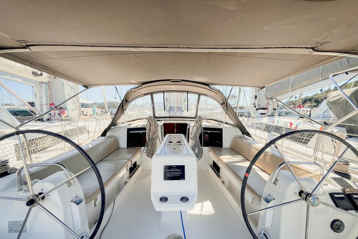Cockpit of Domi, a Dufour 412 Grand large sailboat at Olbia, Italy
