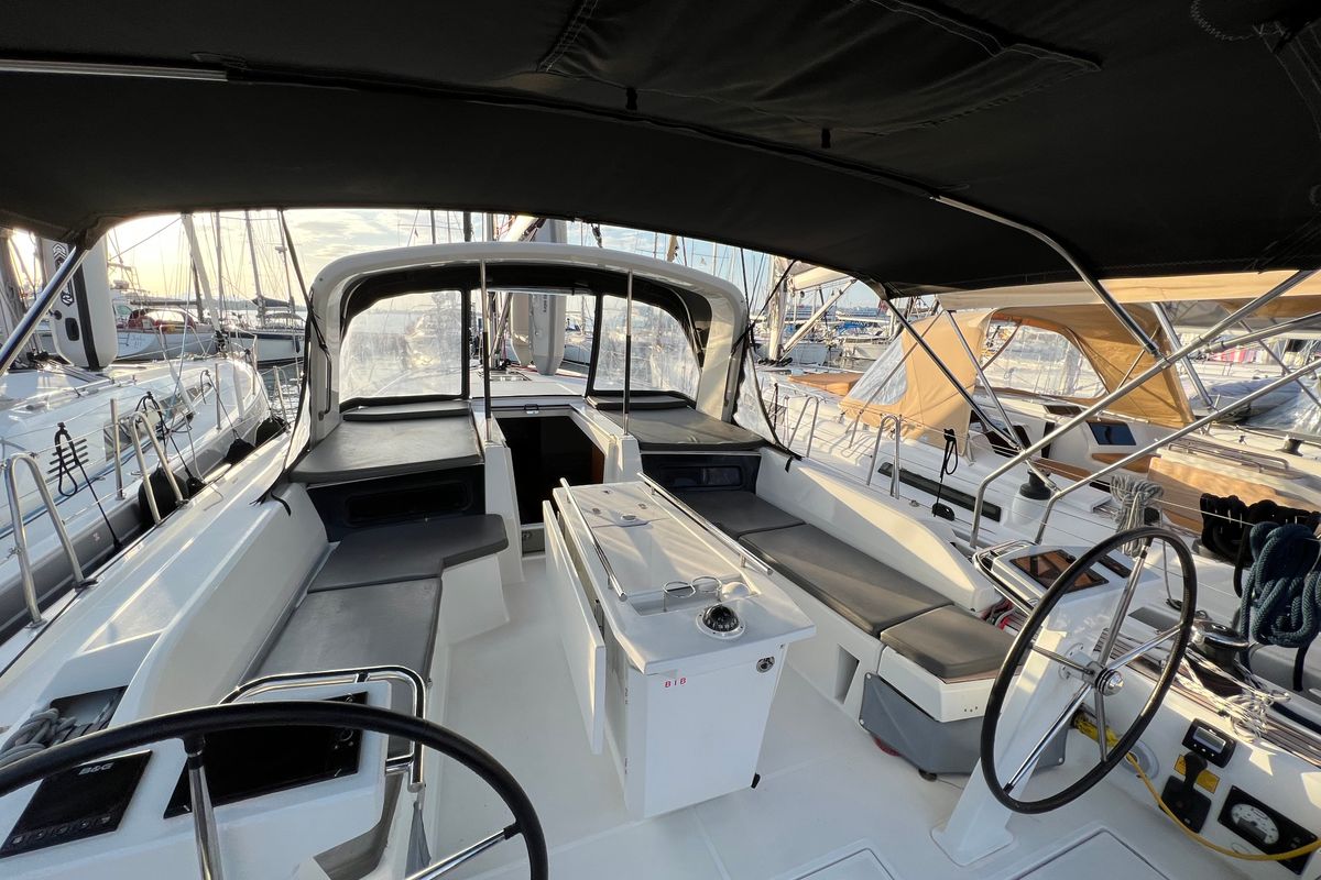 Cockpit of Serenity, a Beneteau Oceanis 46.1 sailboat at Kos, Greece