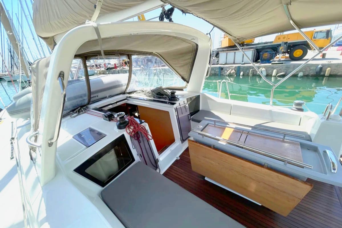 Cockpit of Black Lion, a Beneteau Oceanis 41.1 sailboat at Municipal Unit of Ellomenos, Greece
