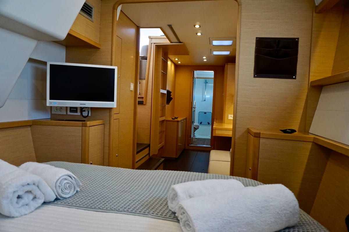 Cabin on Oneno, a Lagoon 450 Fly catamaran at Sant Antoni de Portmany, Spain