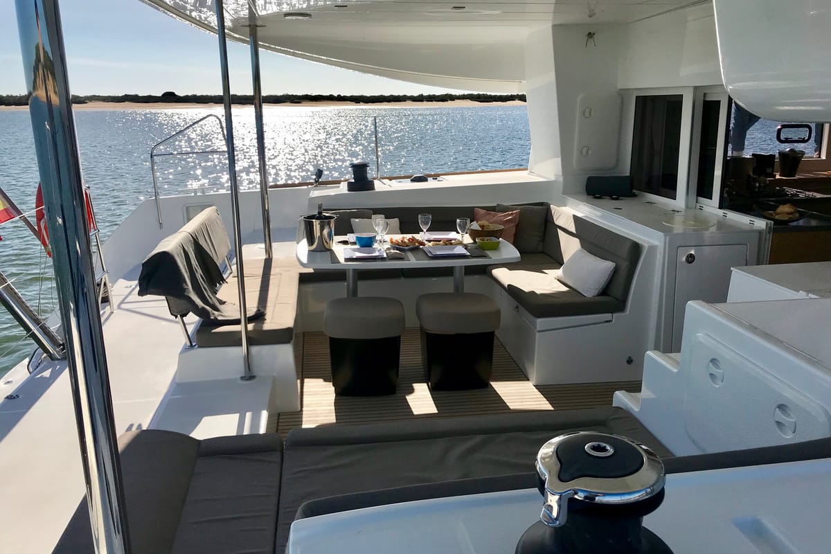 Deck of Oneno, a Lagoon 450 Fly catamaran at Sant Antoni de Portmany, Spain