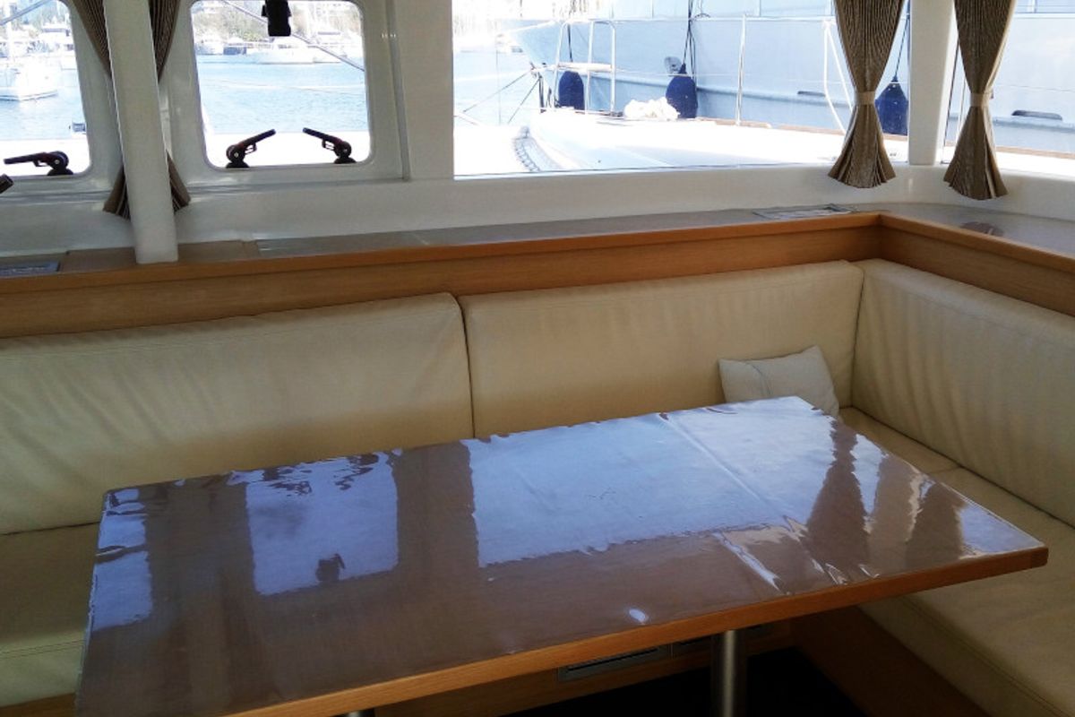 Salon of Dioni, a Lagoon 450 Fly catamaran at Athens, Greece