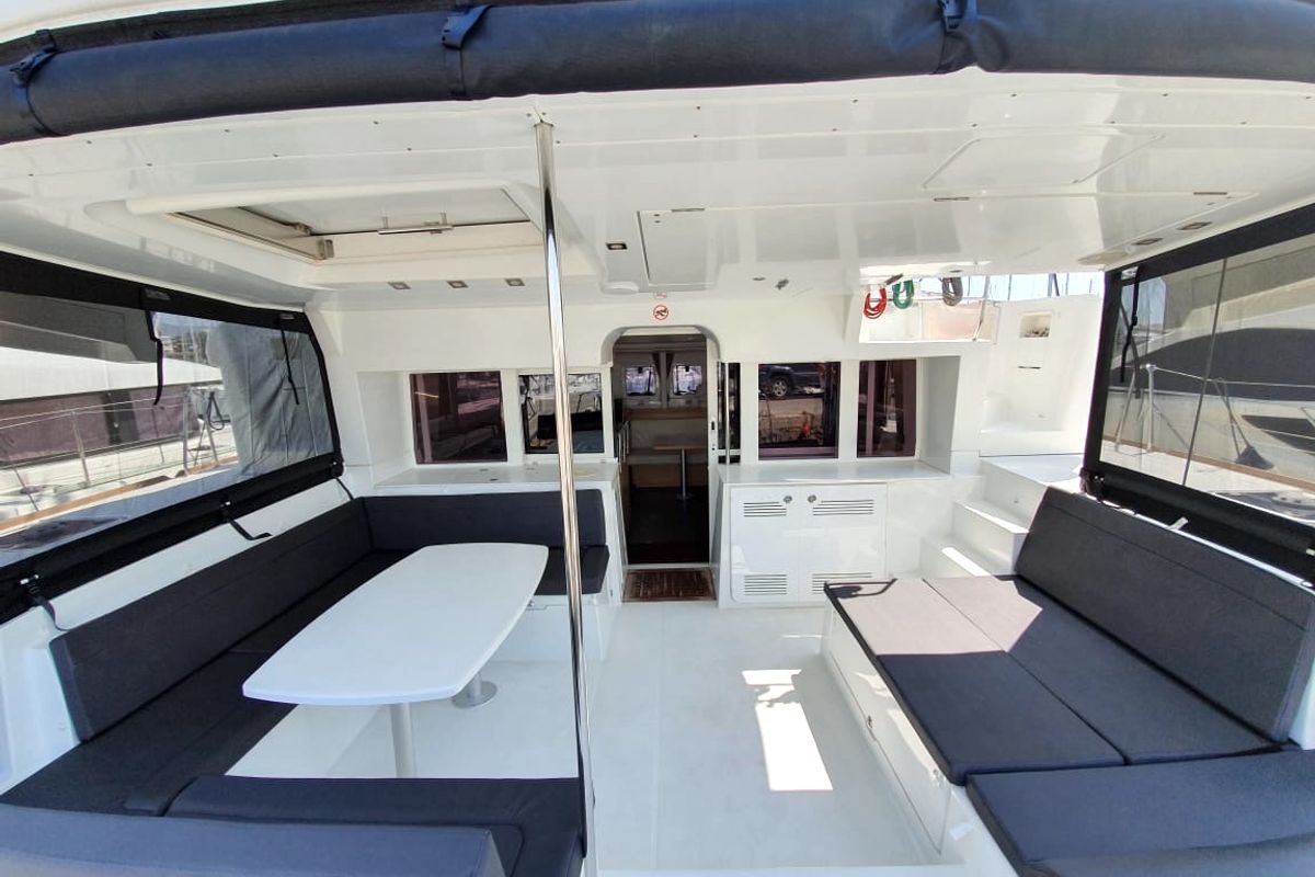Deck of Dioni, a Lagoon 450 Fly catamaran at Athens, Greece
